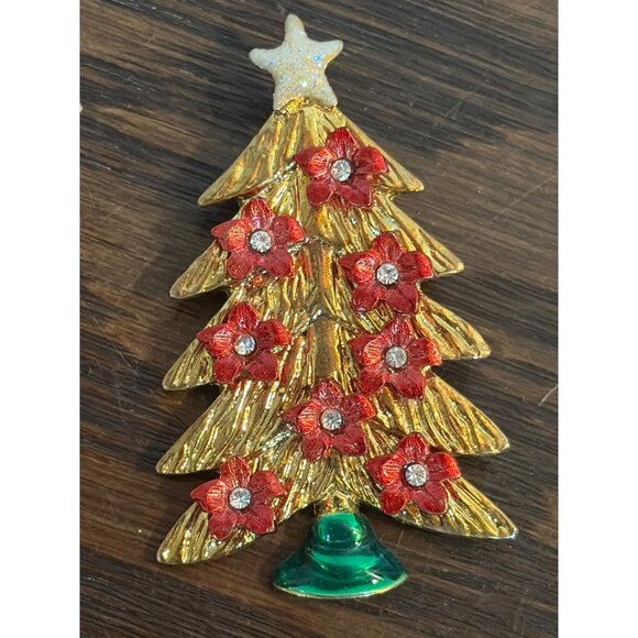 VTG Kenneth Cole Gold-Tone Christmas Tree Brooch Red Poinsettias & Rhinestones - Picture 1 of 3